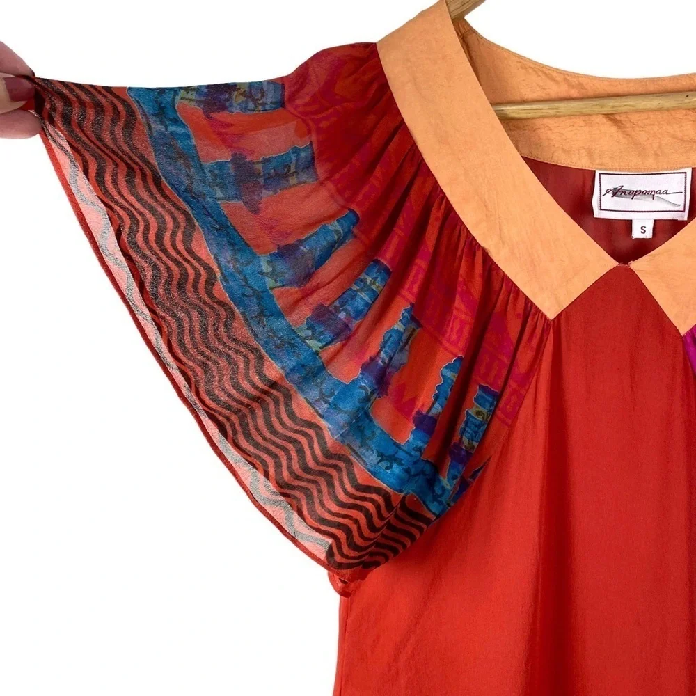 Anthropologie SILK Anupamaa Eastern Sunset Dress Women’s Size S Red Orange
